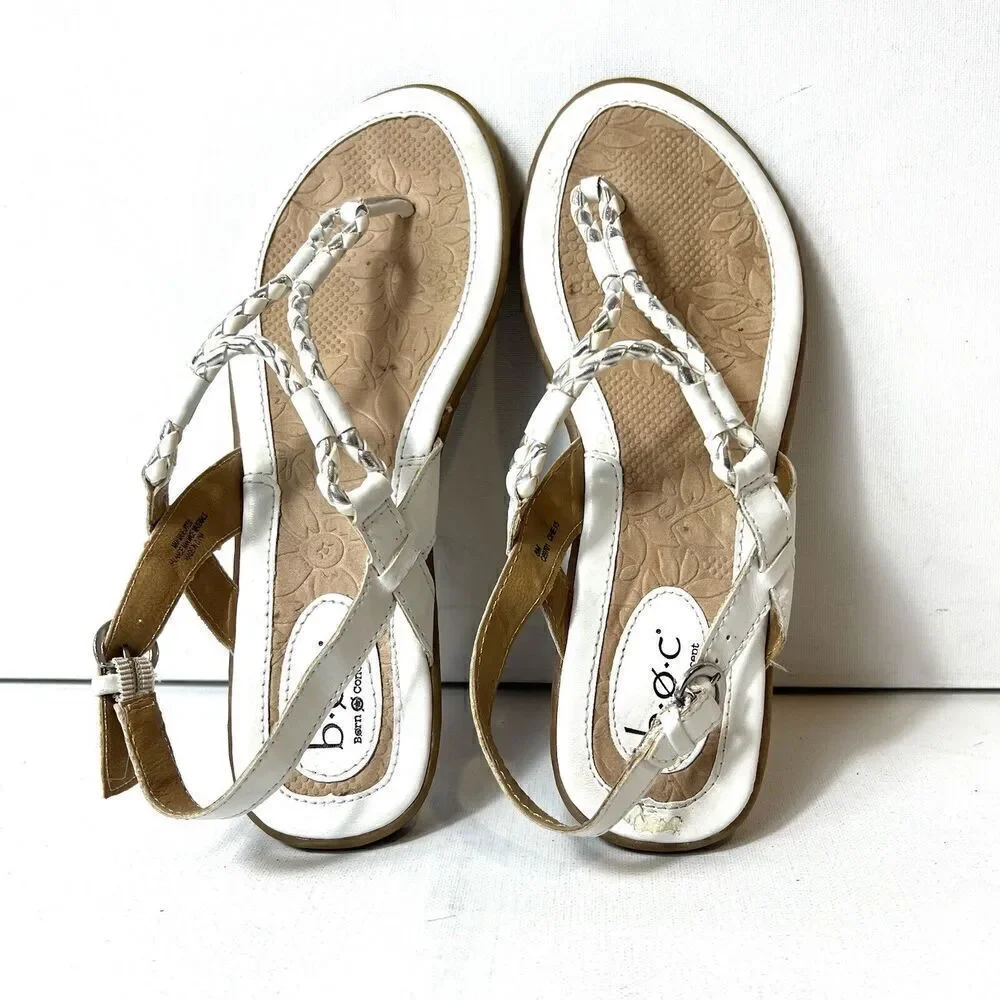 Born b.o.c Sandals Womens Sz 8M White Silver Rope Faux Leather Sling Back Casual